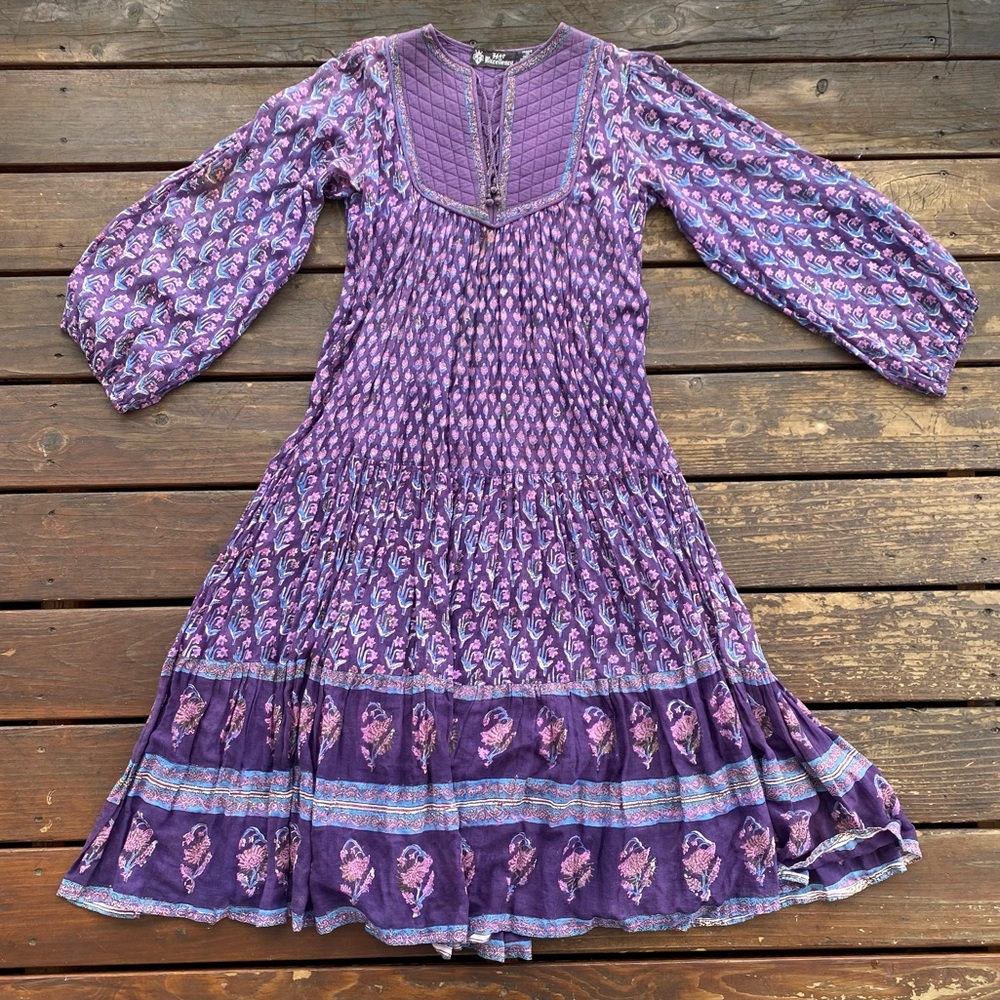 Vintage her excellency 70’s Indian cotton bohemian midi dress quilted purple